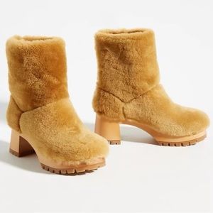 Swedish Hasbeens Fuzzy Tan Ankle Booties